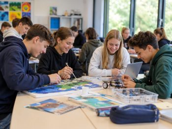 Schüler:innen arbeiten gemeinsam an einem Projekt. Während zwei eine große Karte gestalten, programmieren und testen andere ein kleines Robotikfahrzeug mit einem Laptop und einem Mikrocontroller.