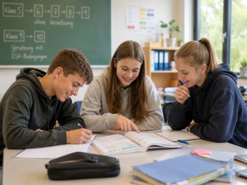 Drei Schüler:innen arbeiten gemeinsam an einer Aufgabe und vergleichen ihre Ergebnisse in einem Schulbuch. Im Hintergrund veranschaulicht eine Tafelgrafik die Versetzungsregelungen an der Gesamtschule.