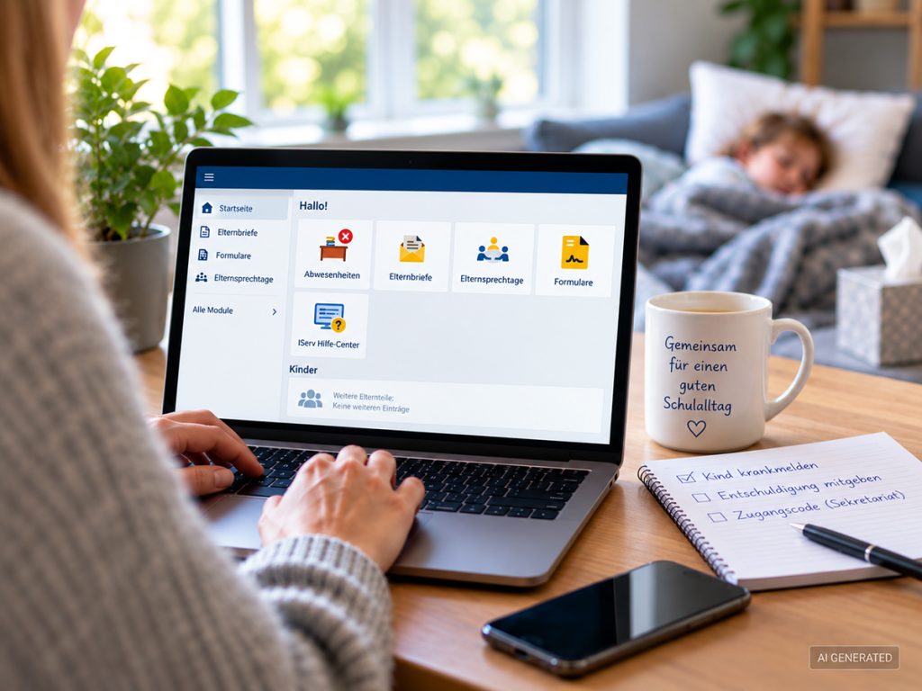 Elternteil meldet ein erkranktes Kind über den IServ-Elternaccount am Laptop ab; im Hintergrund liegt das Kind krank im Bett.
